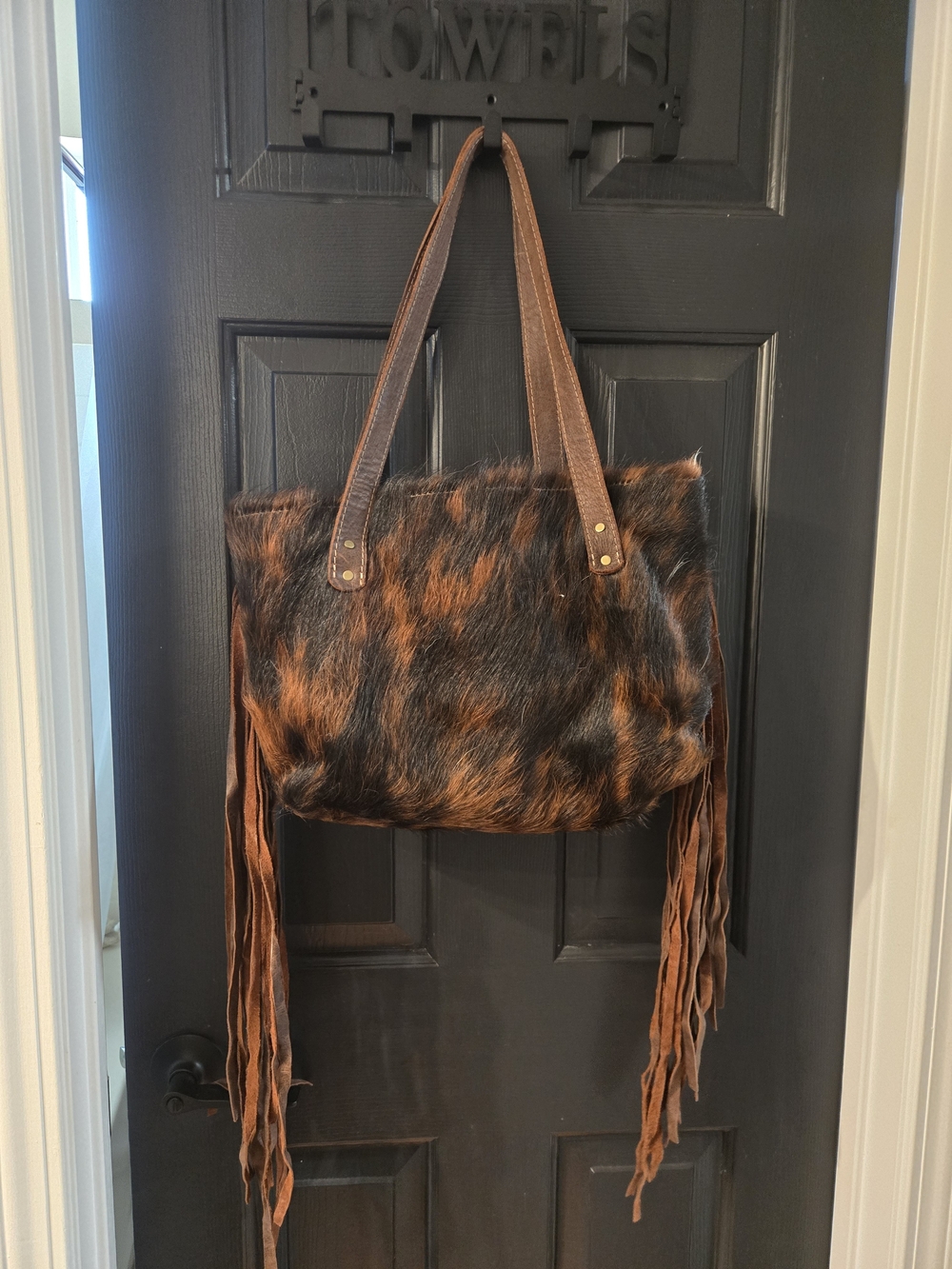 Leather Fringe Tote in Brown and Black
